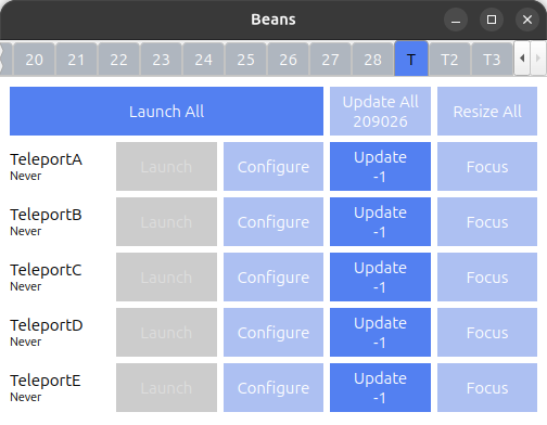 Beans interface showing multiple WINE application windows